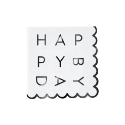 Black Foil Happy BDay Scalloped Dessert Napkins 20ct