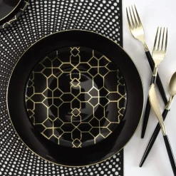 Black & Gold Geometric Pattern Plastic Dessert Plates 10ct