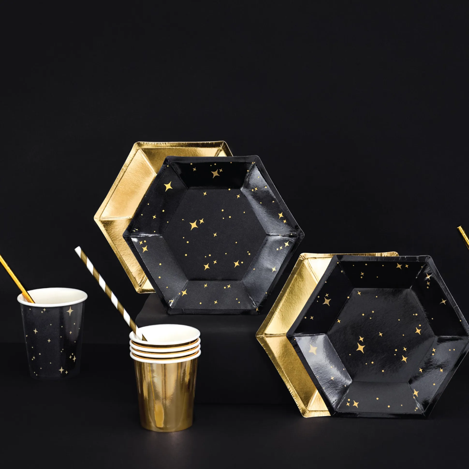 Black & Gold Star Dessert Plates