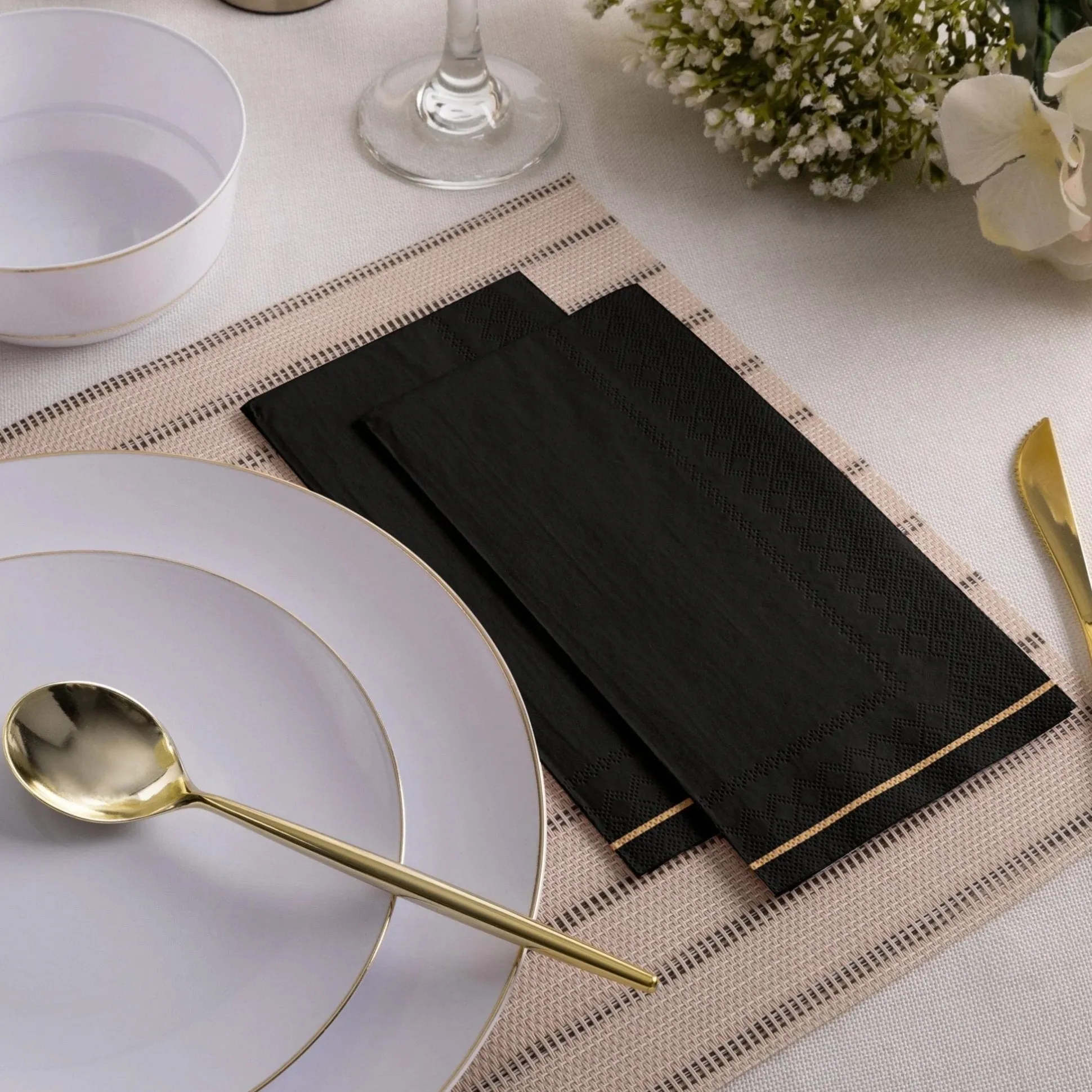 Black with Gold Stripe Paper Guest Towels 16ct