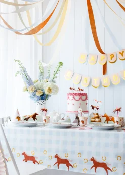 Blue Checkered & Horses Paper Table Cover