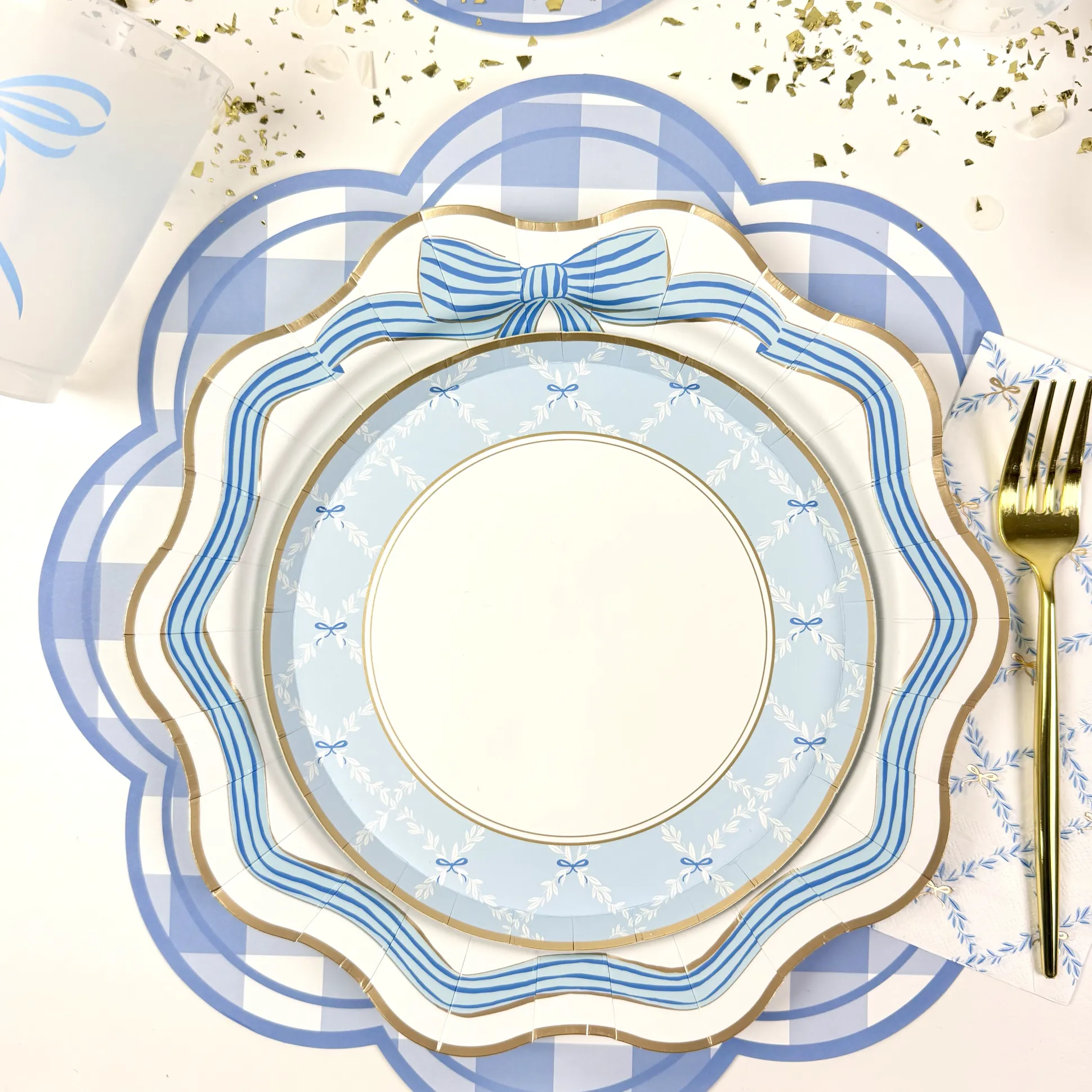 Blue Gingham Scalloped Paper Placemat 12ct