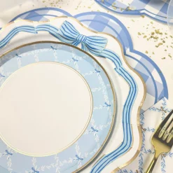 Blue & Gold Bow Scalloped Dinner Plates 8ct