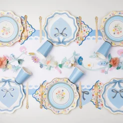 Blue & Gold Bow Scalloped Dinner Plates 8ct