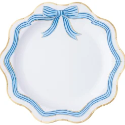 Blue & Gold Bow Scalloped Dinner Plates 8ct