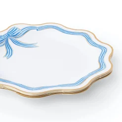 Blue & Gold Bow Scalloped Dinner Plates 8ct