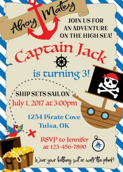 Blue Pirate Birthday Party Invitation