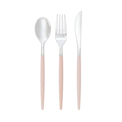 Blush Pink & Silver Plastic Cutlery Set for 8