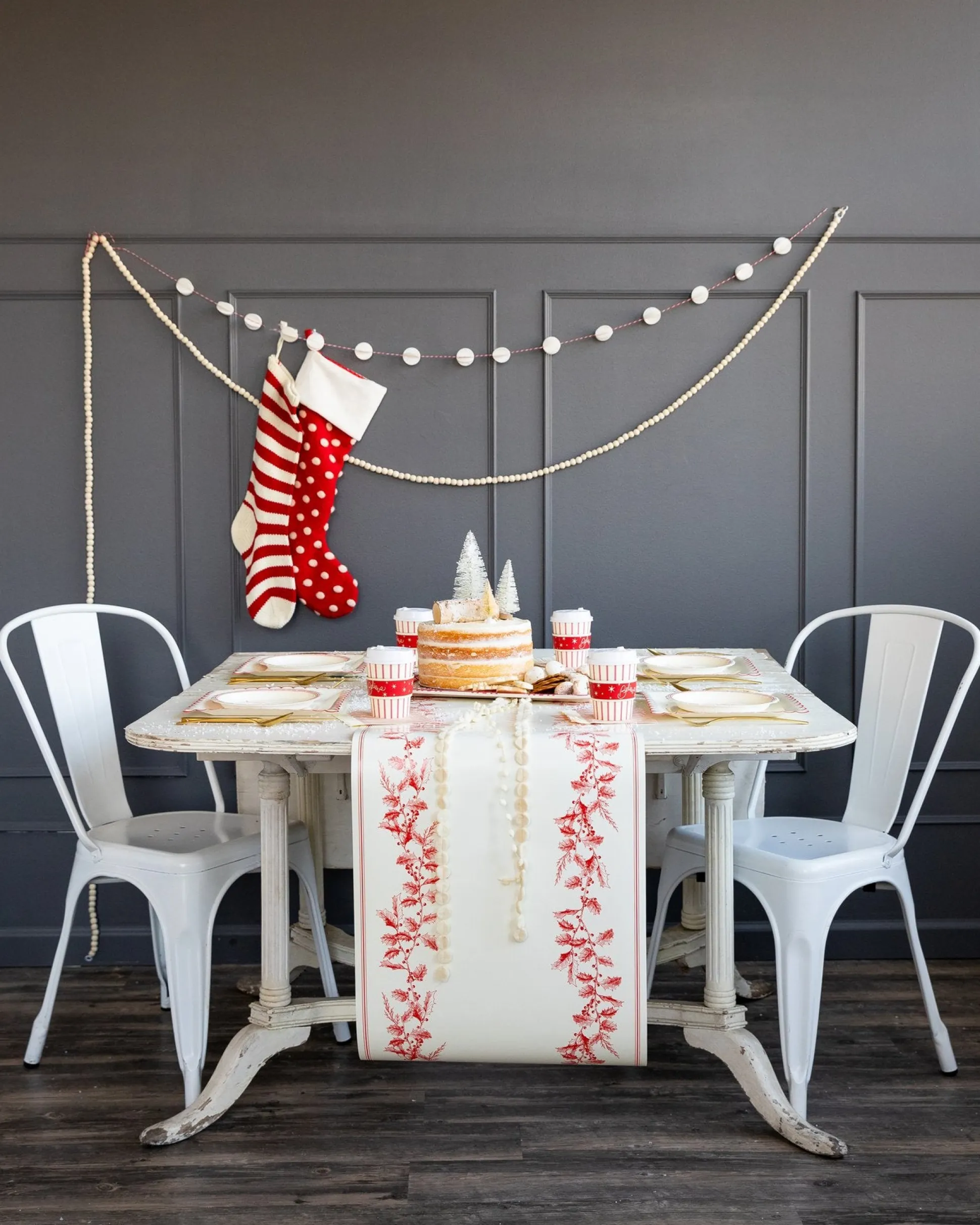 Cream & Red Holly Paper Table Runner