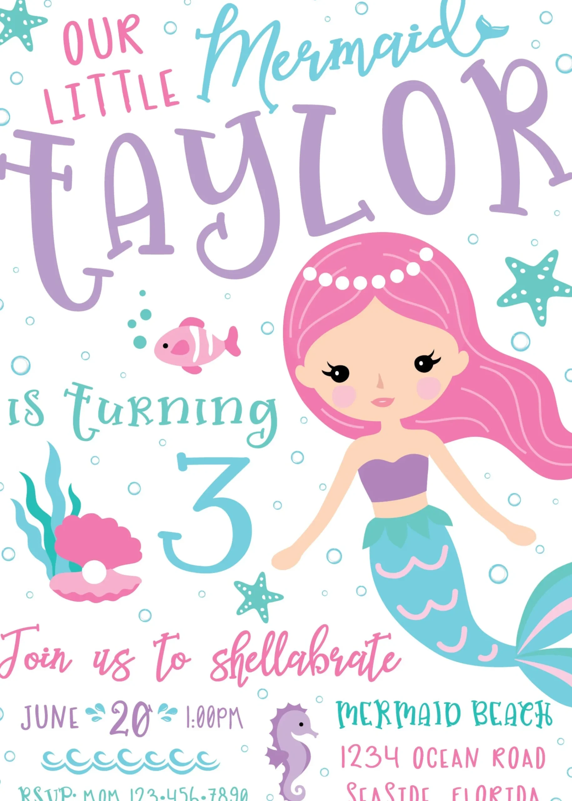 Friendly Mermaid Birthday Party Invitation