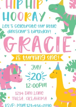 Girl Dinosaur Birthday Party Invitation
