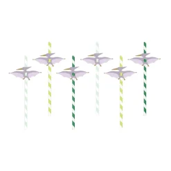 Green & White Striped Pterodactyl Paper Straws 6ct