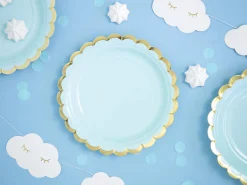 Light Blue & Gold Scalloped Dessert Plates 6ct