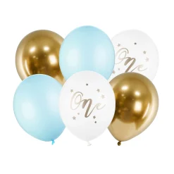 Light Blue & Gold 1st Birthday Balloon Bouquet 6ct