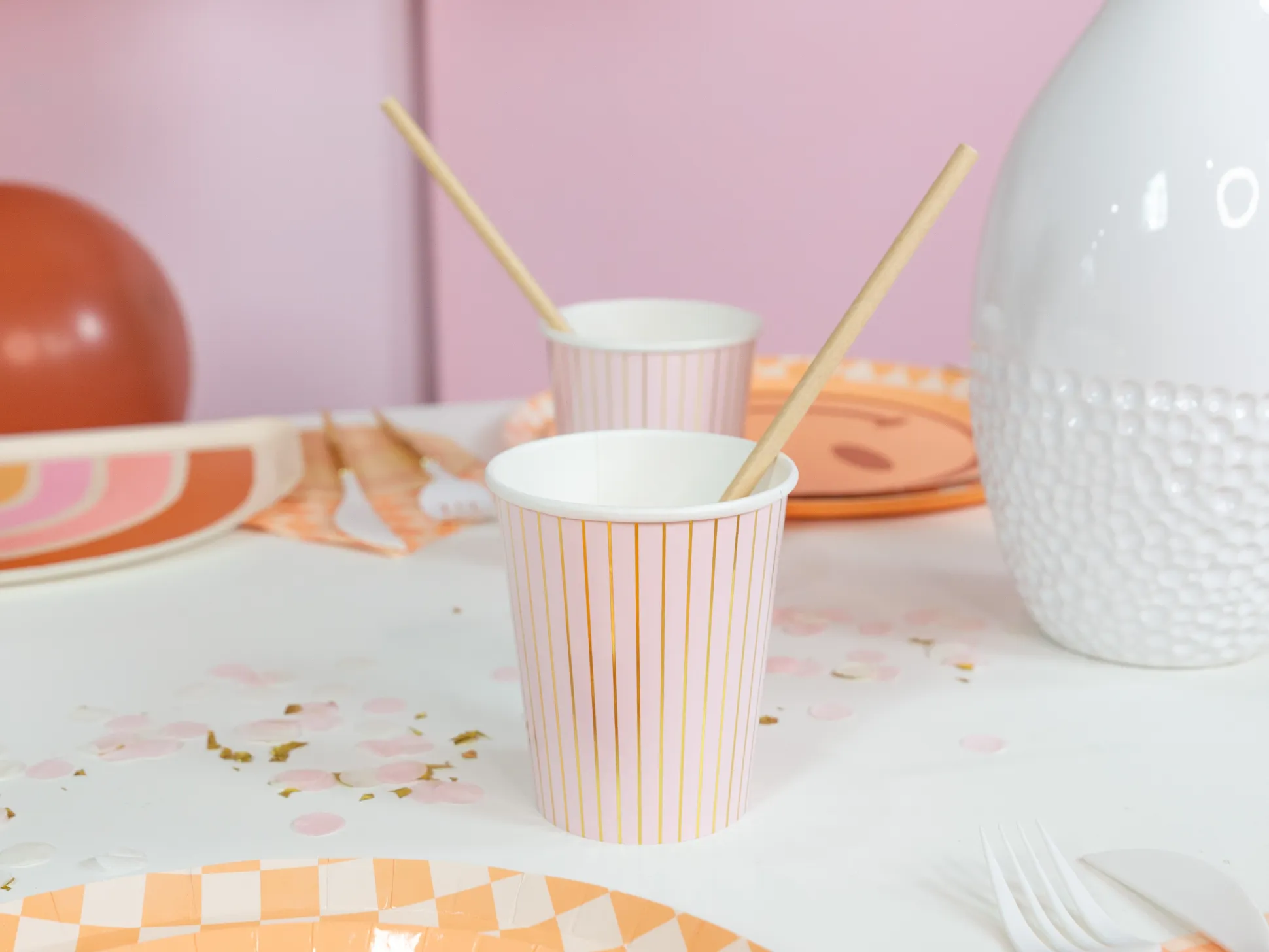 Pink & Gold Pinstripe Paper Cups 10ct