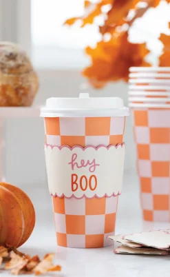 Pink & Orange Checkered Halloween Coffee Cups & Lids 8ct
