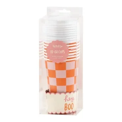 Pink & Orange Checkered Halloween Coffee Cups & Lids 8ct