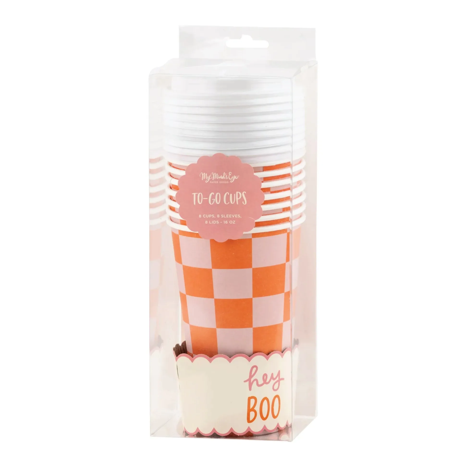 Pink & Orange Checkered Halloween Coffee Cups & Lids 8ct