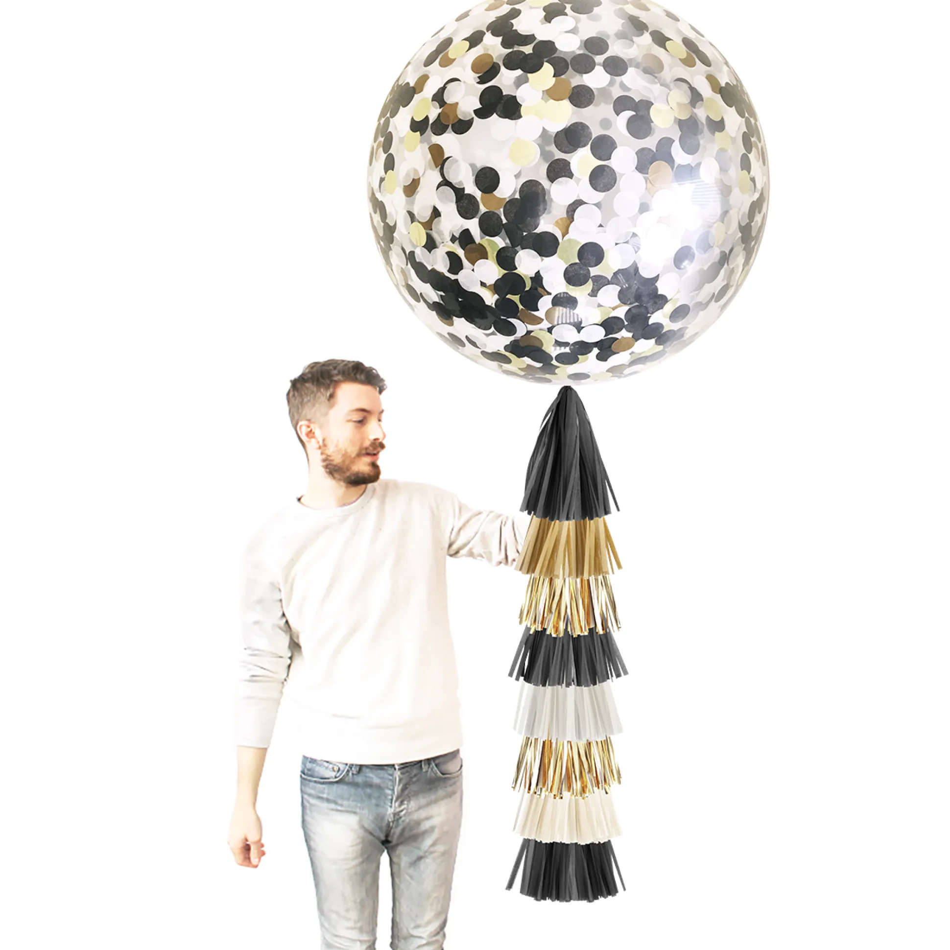 Round Black & Gold Confetti Balloon with DIY Tassel Tail