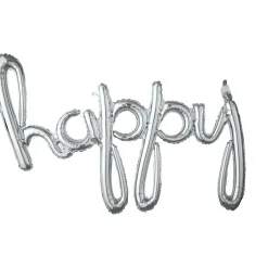 Silver Happy Cursive Letter Balloon 39in