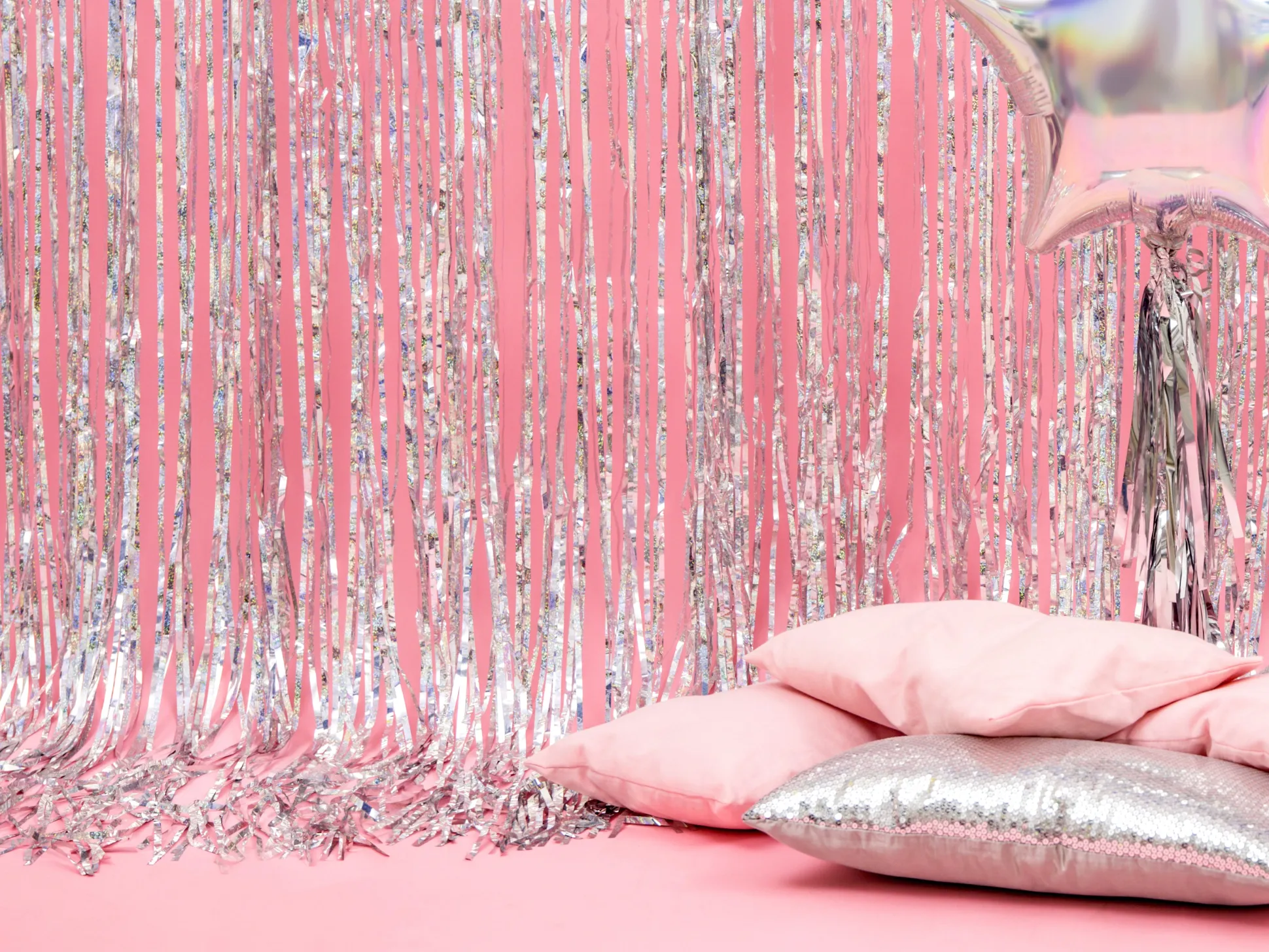 Silver Holographic Fringe Curtain Backdrop 3ft