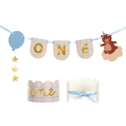 Teddy Bear First Birthday Banner & Crown Set