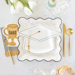 White Graduation Cap Shaped Dessert Plates 8ct