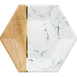 White Marble & Faux Wood Hexagon Lunch Plates 8ct