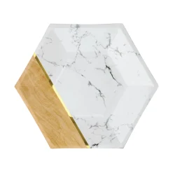White Marble & Faux Wood Hexagon Dessert Plates 8ct